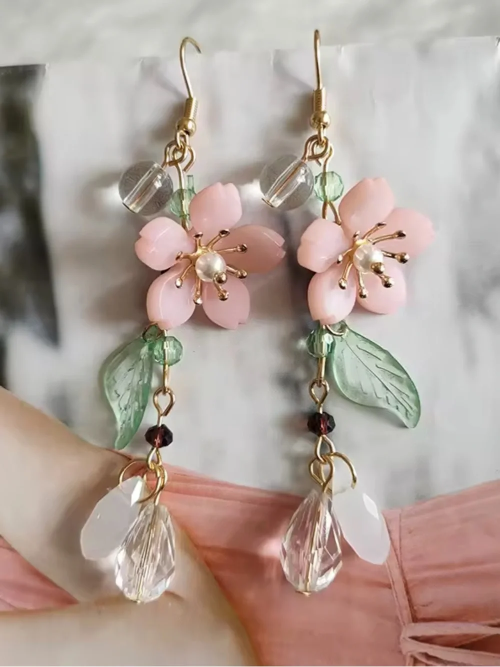 New Pink Floral Dangle Earrings with Green Leaves